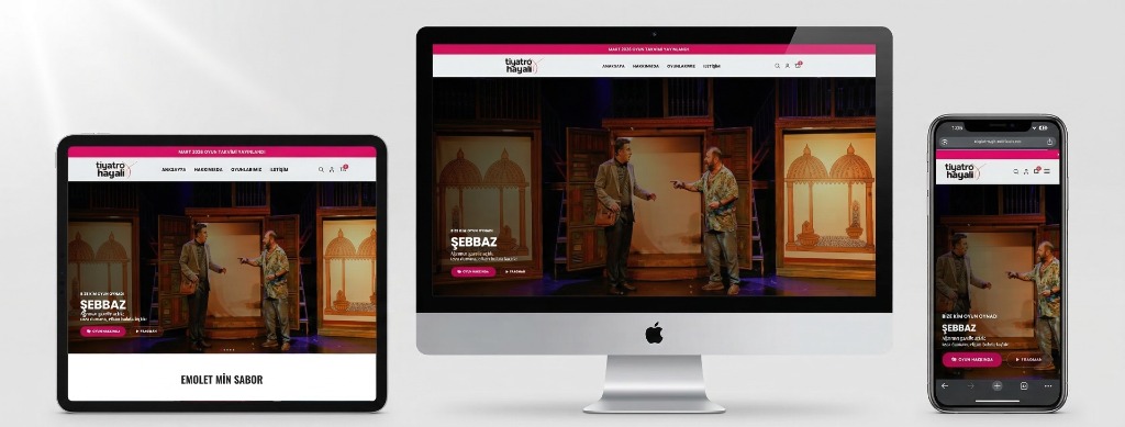 A theater's SellTickets box office on desktop, tablet and phone